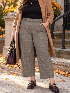 Simons Contemporaine Brown Gray Plaid Wide Leg Cropped Pants Stretch Casual